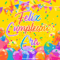 A bright and festive GIF with the text 'Feliz Cumpleaños Era' in Spanish in colorful fonts, surrounded by confetti, balloons, and festive banners on a vibrant yellow background.