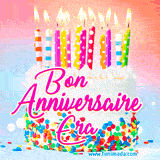 A white birthday cake covered in colorful sprinkles, topped with bright candles, and French text 'Bon Anniversaire Era' on a pastel gradient background in an animated GIF.