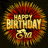 Golden 'Happy Birthday Era' text accompanied by animated rainbow fireworks for a festive animated greeting.