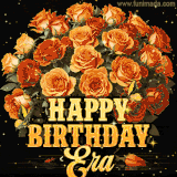 Animated bouquet of orange roses with moving butterfles and golden 'Happy Birthday Era' text, surrounded by sparkling accents and a dark backdrop for a luxurious feel.