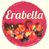 Beautifully decorated red velvet berry birthday cake with vibrant fruits and a glowing 'Erabella' name, adding a touch of sweetness and sparkle.