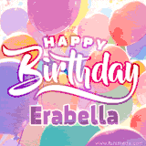 A vibrant name GIF featuring colorful balloons in shades of pink, orange, and yellow with the bold text 'Happy Birthday Erabella' in festive fonts, creating a lively birthday vibe.