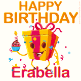 A vibrant and funny gift box character with a happy face dancing with a cupcake and the text 'Happy Birthday Erabella,' surrounded by animated confetti and party vibes.