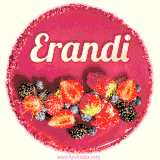 Beautifully decorated red velvet berry birthday cake with vibrant fruits and a glowing 'Erandi' name, adding a touch of sweetness and sparkle.