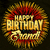 Golden 'Happy Birthday Erandi' text accompanied by animated rainbow fireworks for a festive animated greeting.