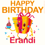 A vibrant and funny gift box character with a happy face dancing with a cupcake and the text 'Happy Birthday Erandi,' surrounded by animated confetti and party vibes.