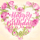 A stunning heart made of pink roses surrounds the elegant script text 'Happy Birthday Erato' on a soft beige background. Animated sparkles add a magical and festive feel.