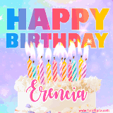 A vibrant animated name GIF with the words 'Happy Birthday Erencia' with colorful candles on a creamy cake. The background sparkles with pastel shades, adding a festive touch.
