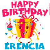 A vibrant and funny gift box character with a happy face dancing with a cupcake and the text 'Happy Birthday Erencia,' surrounded by animated confetti and party vibes.