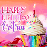 A vibrant birthday GIF featuring a rainbow-colored cupcake topped with white frosting, sprinkles, and a lit candle. The text reads 'Happy Birthday Eretria' in bold pink and violet letters with white outline.