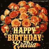 Animated bouquet of orange roses with moving butterfles and golden 'Happy Birthday Eretria' text, surrounded by sparkling accents and a dark backdrop for a luxurious feel.