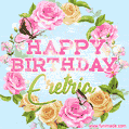 A charming animated GIF featuring 'Happy Birthday Eretria' in pink and green text, surrounded by delicate roses, leaves, and fluttering butterflies on a soft light blue pastel background.