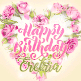 A stunning heart made of pink roses surrounds the elegant script text 'Happy Birthday Eretria' on a soft beige background. Animated sparkles add a magical and festive feel.