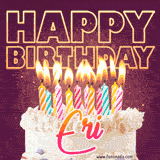 A colorful birthday cake topped with lit candles, with the words 'Happy Birthday Eri' in bold glowing letters on a burgundy background. Animated flames add a festive touch.