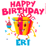 A vibrant and funny gift box character with a happy face dancing with a cupcake and the text 'Happy Birthday Eri,' surrounded by animated confetti and party vibes.