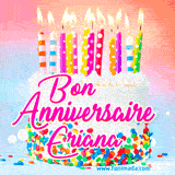 A white birthday cake covered in colorful sprinkles, topped with bright candles, and French text 'Bon Anniversaire Eriana' on a pastel gradient background in an animated GIF.