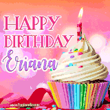 A vibrant birthday GIF featuring a rainbow-colored cupcake topped with white frosting, sprinkles, and a lit candle. The text reads 'Happy Birthday Eriana' in bold pink and violet letters with white outline.