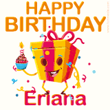 A vibrant and funny gift box character with a happy face dancing with a cupcake and the text 'Happy Birthday Eriana,' surrounded by animated confetti and party vibes.