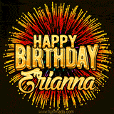 Golden 'Happy Birthday Erianna' text accompanied by animated rainbow fireworks for a festive animated greeting.
