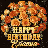 Animated bouquet of orange roses with moving butterfles and golden 'Happy Birthday Erianna' text, surrounded by sparkling accents and a dark backdrop for a luxurious feel.
