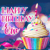A festive animated GIF featuring a colorful cupcake with a single lit candle, sprinkles, and 'Happy Birthday Eric' text against a sparkling, celebratory background.