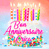 A white birthday cake covered in colorful sprinkles, topped with bright candles, and French text 'Bon Anniversaire Erica' on a pastel gradient background in an animated GIF.