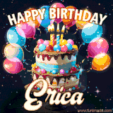 Bright birthday animation for Erica with a chocolate cake, candles, balloons, and glowing celebratory lights.