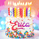 A cheerful white birthday cake with multicolor sprinkles, lit candles, and 'Erica' written in vibrant letters, in an animated GIF.
