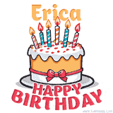 Cartoon birthday cake with a red bow, glowing candles, and 'Erica Happy Birthday' text in bold animated style.
