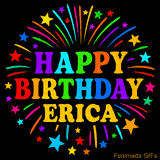 Personalized greeting card with name, colorful text that says 'Happy Birthday Erica' surrounded by animated fireworks and multicolor stars