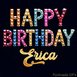 Vibrant luxury birthday greeting card for Erica, showing glittering gemstone letters and golden calligraphy on a dark background with twinkling shine effects.