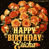 Animated bouquet of orange roses with moving butterfles and golden 'Happy Birthday Ericka' text, surrounded by sparkling accents and a dark backdrop for a luxurious feel.