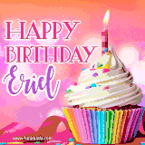 A vibrant birthday GIF featuring a rainbow-colored cupcake topped with white frosting, sprinkles, and a lit candle. The text reads 'Happy Birthday Eriel' in bold pink and violet letters with white outline.