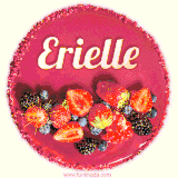 Beautifully decorated red velvet berry birthday cake with vibrant fruits and a glowing 'Erielle' name, adding a touch of sweetness and sparkle.
