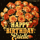 Animated bouquet of orange roses with moving butterfles and golden 'Happy Birthday Erielle' text, surrounded by sparkling accents and a dark backdrop for a luxurious feel.