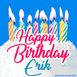 A cheerful animated GIF featuring colorful lit birthday candles on a white cake, with the text 'Happy Birthday Erik' in bold red and blue script on a bright blue background.