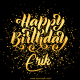 Animated GIF with colorful, festive 'Happy Birthday Erik' text decorated with patterns, a party hat, and falling confetti. A vibrant and cheerful design for birthday celebrations.