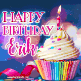 A festive animated GIF featuring a colorful cupcake with a single lit candle, sprinkles, and 'Happy Birthday Erik' text against a sparkling, celebratory background.