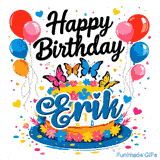 Cheerful animated birthday greeting with a custom nameplate for Erik, featuring balloons, hearts, and butterflies.