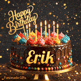 Multicolored frosting swirls and burning birthday candles on a chocolate cake with gold lettering spelling Erik.