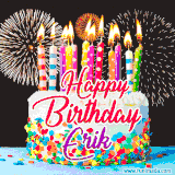 A lively happy birthday animated GIF showcasing a colorful birthday cake covered in sprinkles, topped with glowing candles, and surrounded by vibrant fireworks. The name 'Erik' is featured in elegant script.