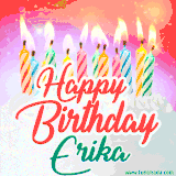 Bright birthday candles with rainbow flames on a cake, alongside the text 'Happy Birthday Erika' in vibrant script in this celebratory animated GIF.