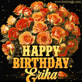 Animated bouquet of orange roses with moving butterfles and golden 'Happy Birthday Erika' text, surrounded by sparkling accents and a dark backdrop for a luxurious feel.