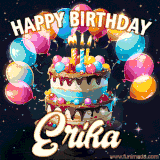 Bright birthday animation for Erika with a chocolate cake, candles, balloons, and glowing celebratory lights.