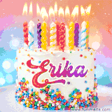 A cheerful white birthday cake with multicolor sprinkles, lit candles, and 'Erika' written in vibrant letters, in an animated GIF.