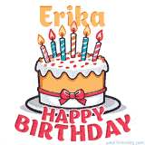 Cartoon birthday cake with a red bow, glowing candles, and 'Erika Happy Birthday' text in bold animated style.
