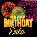 A golden 'Happy Birthday Erika' message with vibrant fireworks in the background, creating a festive and celebratory vibe in this animated name GIF.
