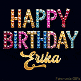 Vibrant luxury birthday greeting card for Erika, showing glittering gemstone letters and golden calligraphy on a dark background with twinkling shine effects.