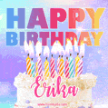 Animated Happy Birthday Cake with Name Erika and Burning Candles