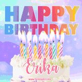 A vibrant animated name GIF with the words 'Happy Birthday Erika' with colorful candles on a creamy cake. The background sparkles with pastel shades, adding a festive touch.